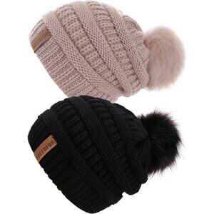 Women Black/Rose 2pack Acrylic Thick Baggy Knit Winter Faux Fur Pompom Beanie